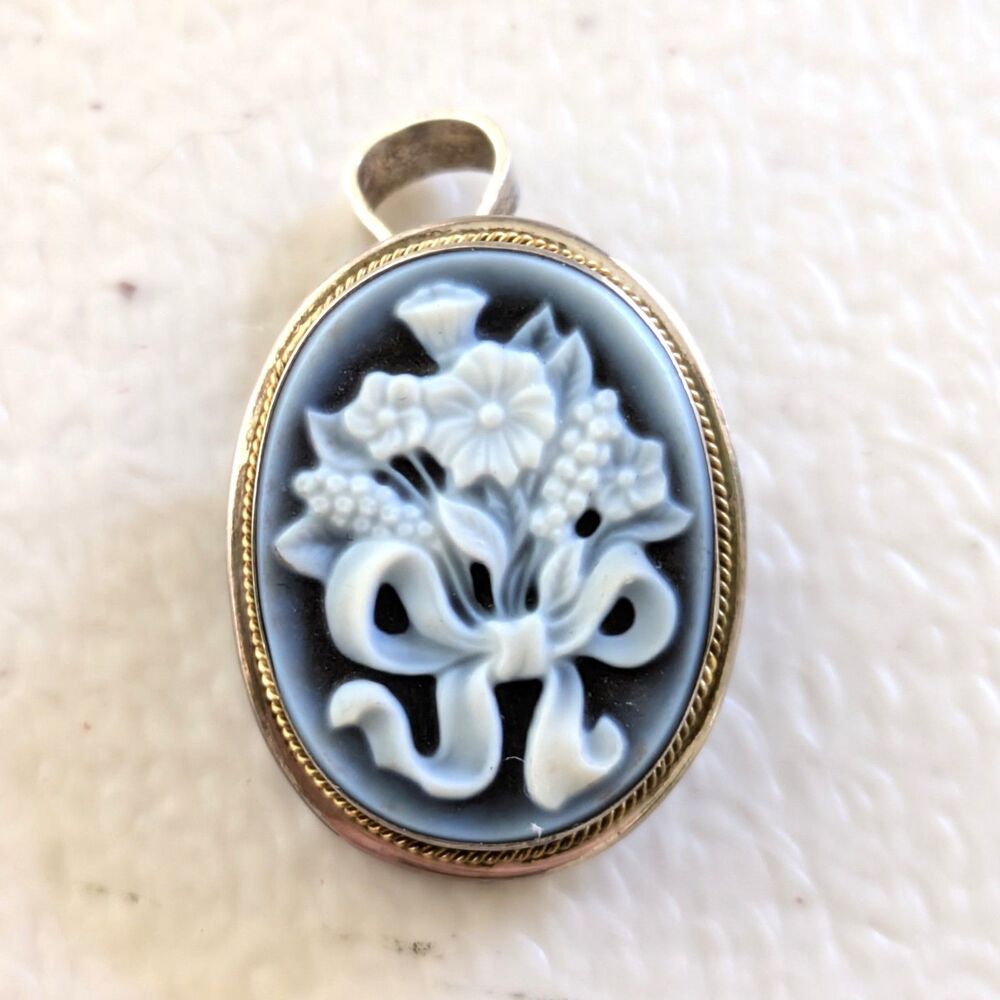 VTG Italian Silver Blue Stone Cameo Brooch Pendant Star 422 NA Naples Gold Trim